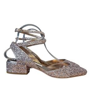 Jimmy Choo Vicky Coarse Glitter Rose Gold Ankle Wrap Ballet Low Heels 38.5